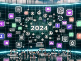 Futuristisches Konzeptbild einer Content Creator Plattform 2024 mit digitalem Dashboard, Creators, KI, Datenanalyse und Plattformlogos.