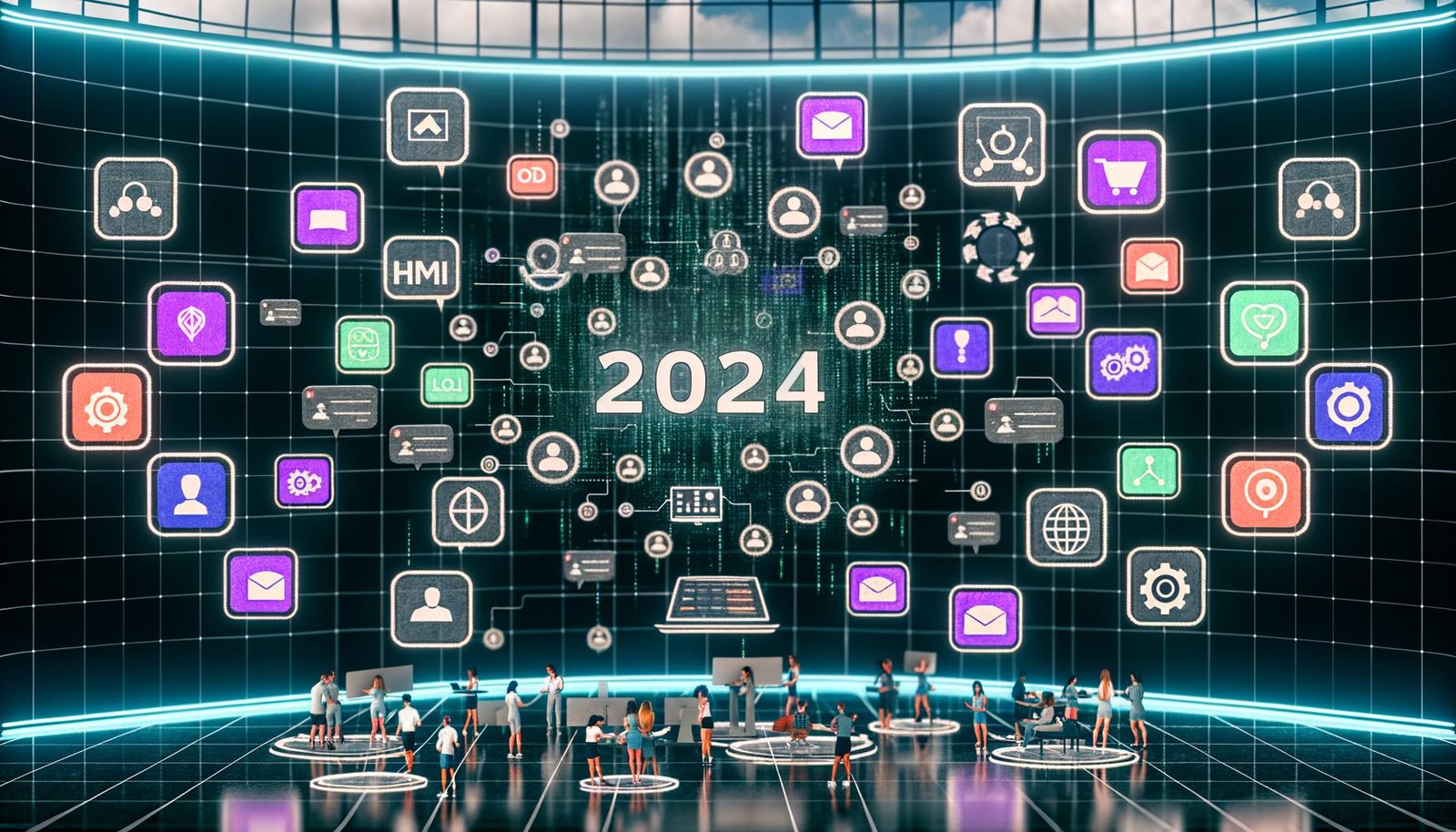 Futuristisches Konzeptbild einer Content Creator Plattform 2024 mit digitalem Dashboard, Creators, KI, Datenanalyse und Plattformlogos.