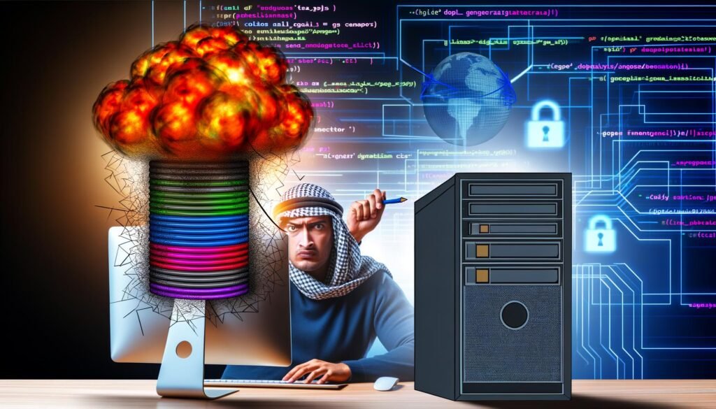 Illustration eines entschlossenen Creators am Computer, der einen Baukasten sprengt und dahinter eine komplexe Backend-Infrastruktur mit Kabeln, Monitor mit Code, Webflow-Interface und Logos von Airtable und Supabase enthüllt.