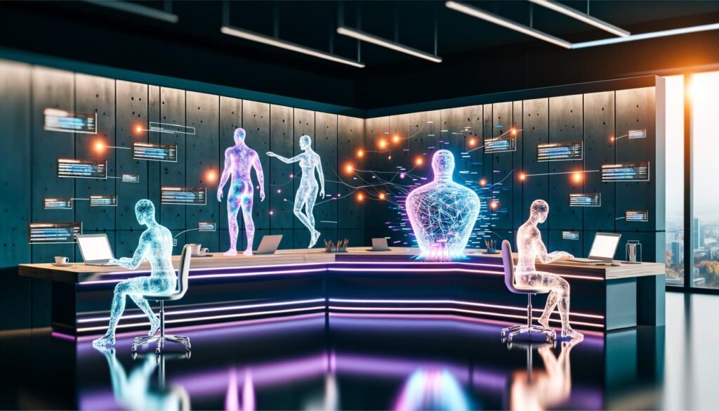 Futuristische Redaktion mit menschlichen und KI-Redakteuren an einem leuchtenden Schreibtisch, digitalen Datenströmen und großen Analysemonitoren.