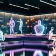 Futuristische Redaktion mit menschlichen und KI-Redakteuren an einem leuchtenden Schreibtisch, digitalen Datenströmen und großen Analysemonitoren.