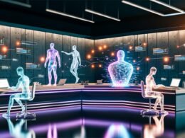 Futuristische Redaktion mit menschlichen und KI-Redakteuren an einem leuchtenden Schreibtisch, digitalen Datenströmen und großen Analysemonitoren.
