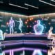 Futuristische Redaktion mit menschlichen und KI-Redakteuren an einem leuchtenden Schreibtisch, digitalen Datenströmen und großen Analysemonitoren.