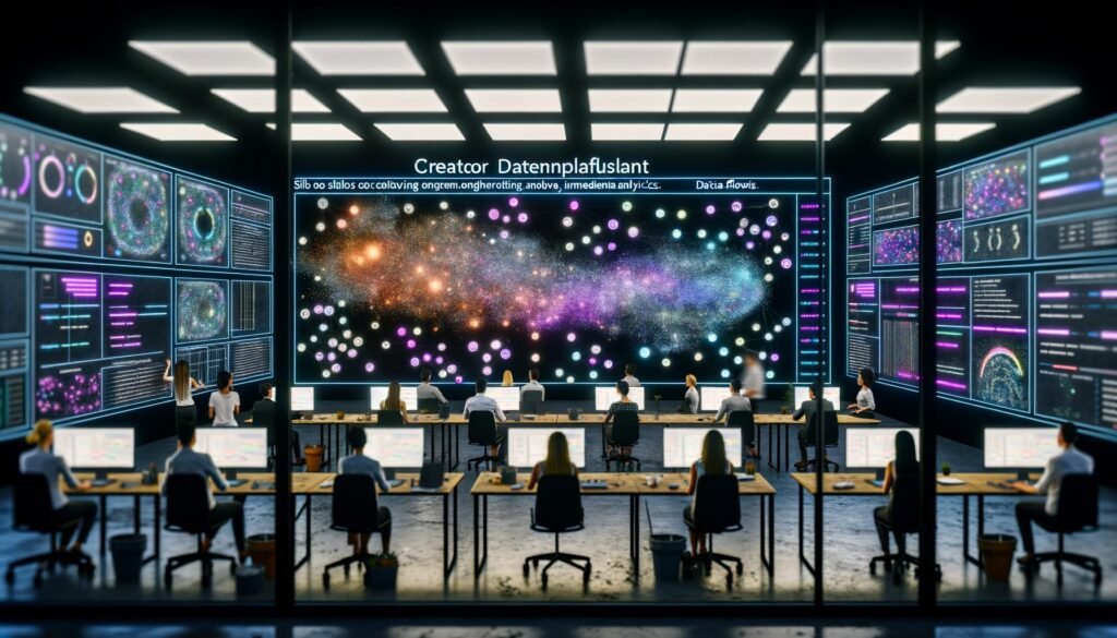 Arbeitsplatz mit vielen Schöpfern an interaktiven Schreibtischen vor schwebenden Dashboards, aufgelösten Datensilos und leuchtenden Netzwerken der Creator Datenplattform