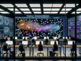 Arbeitsplatz mit vielen Schöpfern an interaktiven Schreibtischen vor schwebenden Dashboards, aufgelösten Datensilos und leuchtenden Netzwerken der Creator Datenplattform
