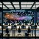 Arbeitsplatz mit vielen Schöpfern an interaktiven Schreibtischen vor schwebenden Dashboards, aufgelösten Datensilos und leuchtenden Netzwerken der Creator Datenplattform