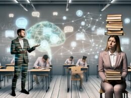 Modernes Klassenzimmer mit klassischen Bänken, holografischen Displays, skeptischen Lehrkräften, multitaskingfähigen Schüler:innen und schwebenden KI-Elementen wie ChatGPT-Nachrichten und Codezeilen.
