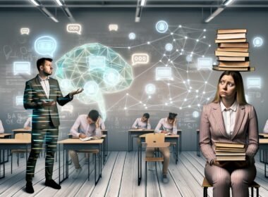 Modernes Klassenzimmer mit klassischen Bänken, holografischen Displays, skeptischen Lehrkräften, multitaskingfähigen Schüler:innen und schwebenden KI-Elementen wie ChatGPT-Nachrichten und Codezeilen.