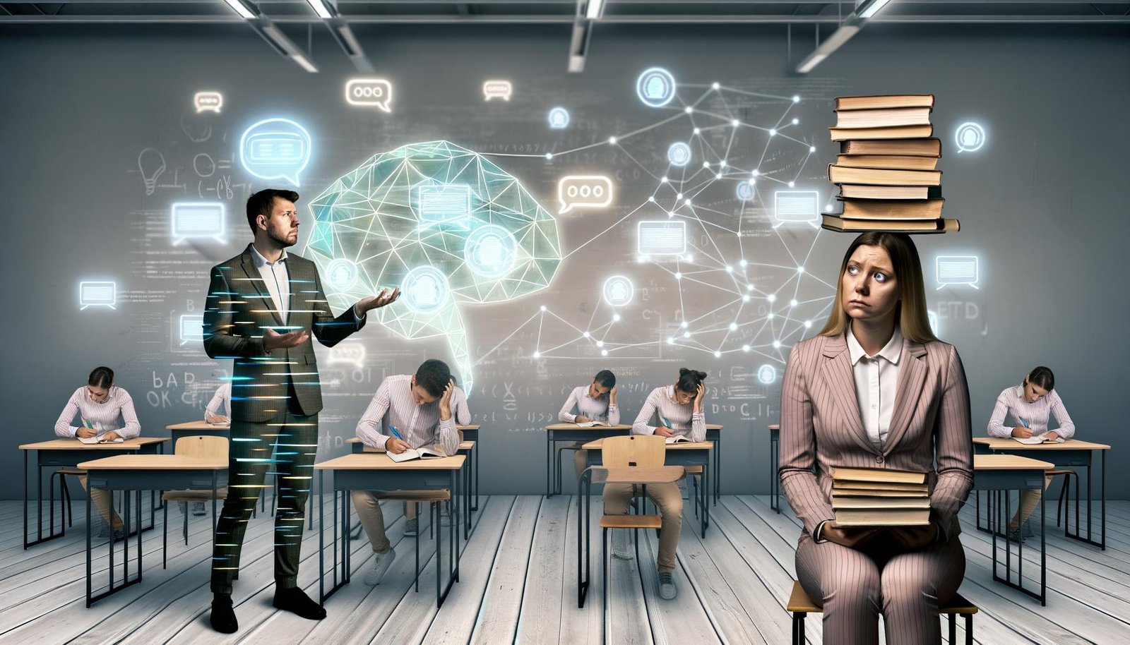 Modernes Klassenzimmer mit klassischen Bänken, holografischen Displays, skeptischen Lehrkräften, multitaskingfähigen Schüler:innen und schwebenden KI-Elementen wie ChatGPT-Nachrichten und Codezeilen.