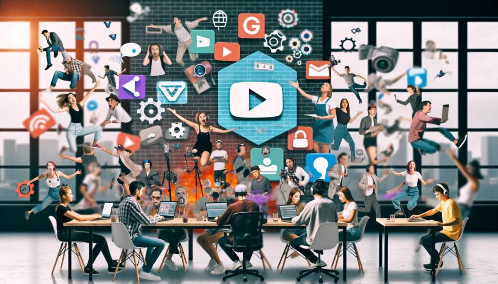 Eine dynamische Collage von Creators, darunter YouTuber, Podcaster, Streamer und digitale Künstler, arbeiten an modernen Geräten in einem kreativen Workspace mit Plattform-Logos und Symbolen für Techniktools.