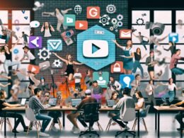 Eine dynamische Collage von Creators, darunter YouTuber, Podcaster, Streamer und digitale Künstler, arbeiten an modernen Geräten in einem kreativen Workspace mit Plattform-Logos und Symbolen für Techniktools.