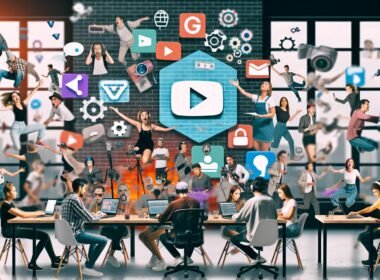 Eine dynamische Collage von Creators, darunter YouTuber, Podcaster, Streamer und digitale Künstler, arbeiten an modernen Geräten in einem kreativen Workspace mit Plattform-Logos und Symbolen für Techniktools.