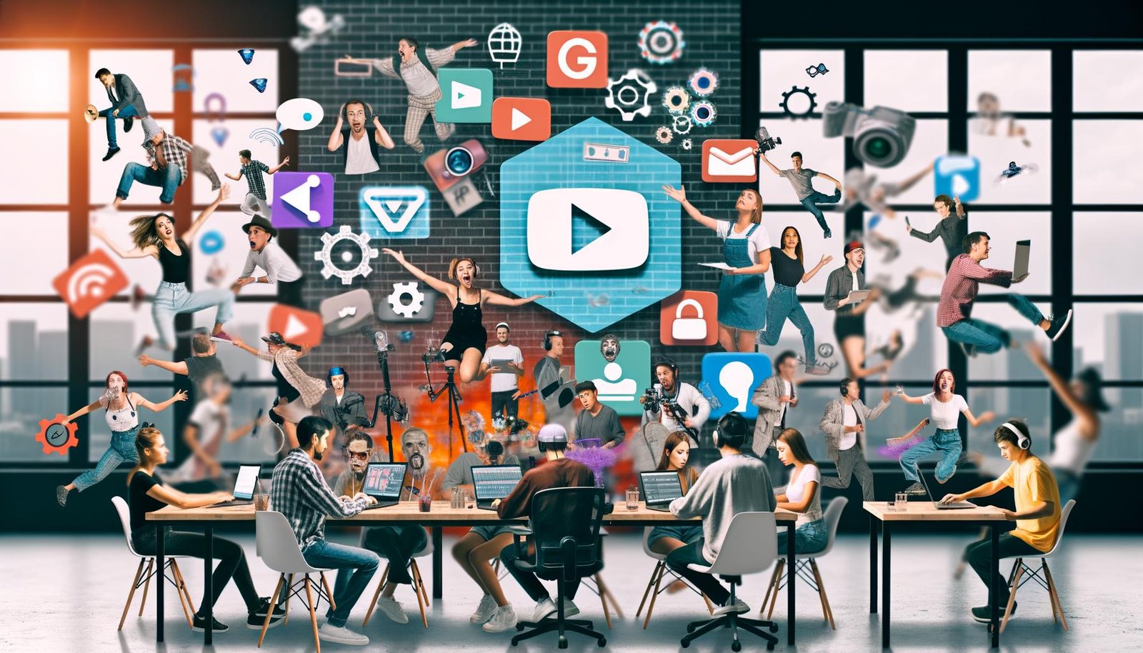 Eine dynamische Collage von Creators, darunter YouTuber, Podcaster, Streamer und digitale Künstler, arbeiten an modernen Geräten in einem kreativen Workspace mit Plattform-Logos und Symbolen für Techniktools.