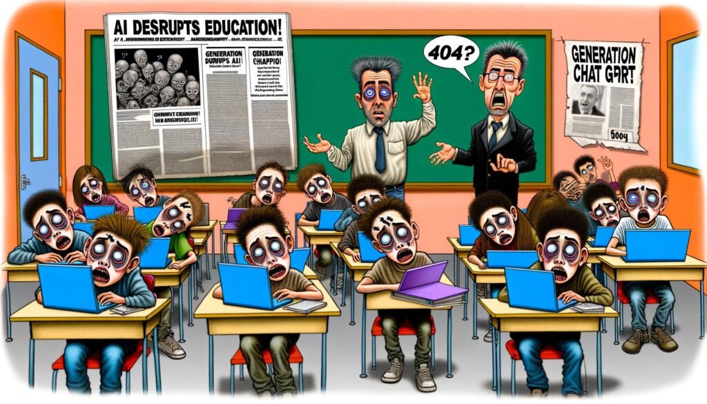 Karikatur eines Klassenzimmers mit apathischen Schülern an Laptops und dramatischen Schlagzeilen zur Bildungskrise durch KI