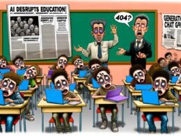 Karikatur eines Klassenzimmers mit apathischen Schülern an Laptops und dramatischen Schlagzeilen zur Bildungskrise durch KI