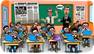 Karikatur eines Klassenzimmers mit apathischen Schülern an Laptops und dramatischen Schlagzeilen zur Bildungskrise durch KI