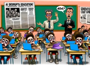 Karikatur eines Klassenzimmers mit apathischen Schülern an Laptops und dramatischen Schlagzeilen zur Bildungskrise durch KI