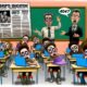 Karikatur eines Klassenzimmers mit apathischen Schülern an Laptops und dramatischen Schlagzeilen zur Bildungskrise durch KI