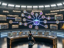 Futuristische Marketing-Kommandozentrale 2025 mit holographischen Dashboards, leuchtenden Datenpipelines, modernen Analysemodulen, automatisierten Performance-Insights und Datenanalyst im Wandel von veralteten zu digitalen Tools.