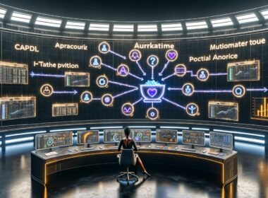Futuristische Marketing-Kommandozentrale 2025 mit holographischen Dashboards, leuchtenden Datenpipelines, modernen Analysemodulen, automatisierten Performance-Insights und Datenanalyst im Wandel von veralteten zu digitalen Tools.