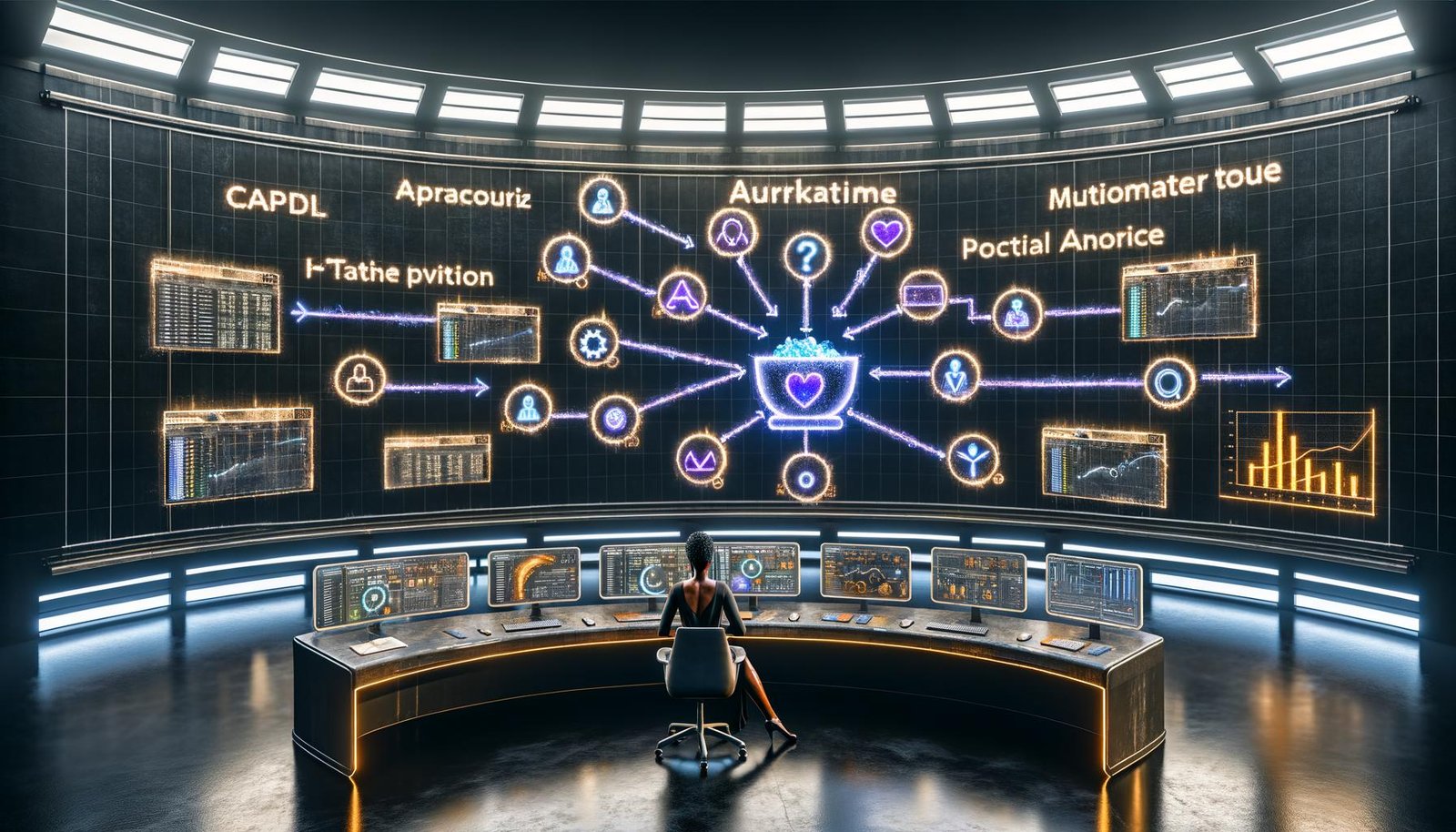Futuristische Marketing-Kommandozentrale 2025 mit holographischen Dashboards, leuchtenden Datenpipelines, modernen Analysemodulen, automatisierten Performance-Insights und Datenanalyst im Wandel von veralteten zu digitalen Tools.