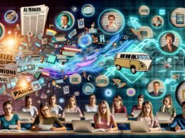 Moderne Collage mit skeptischen Lehrkräften, technikaffinen Jugendlichen, KI-Symbolen, Zeitungs-Schlagzeilen zur KI und digitalen Tools im deutschen Klassenraum.