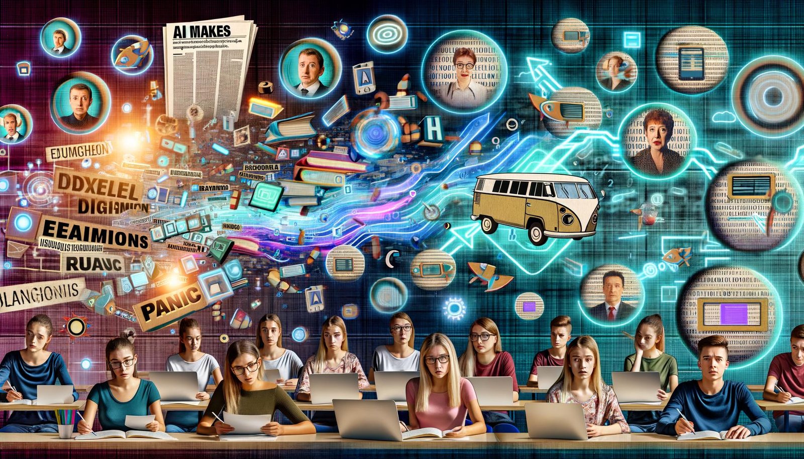 Moderne Collage mit skeptischen Lehrkräften, technikaffinen Jugendlichen, KI-Symbolen, Zeitungs-Schlagzeilen zur KI und digitalen Tools im deutschen Klassenraum.