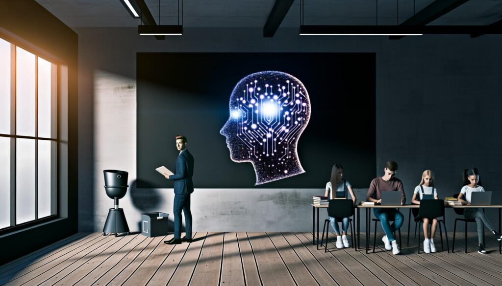 Lehrkraft und Schüler in einem modernen Klassenzimmer mit leuchtendem neuronalen Netzwerk als KI-Grafik über einer Tafel, Nutzung von Laptops und Heften.