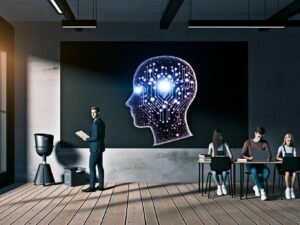 Lehrkraft und Schüler in einem modernen Klassenzimmer mit leuchtendem neuronalen Netzwerk als KI-Grafik über einer Tafel, Nutzung von Laptops und Heften.