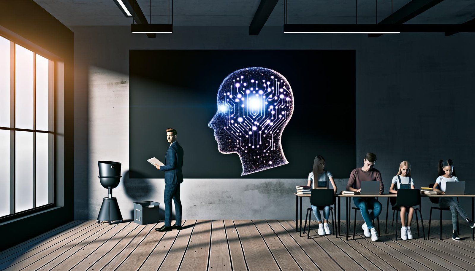 Lehrkraft und Schüler in einem modernen Klassenzimmer mit leuchtendem neuronalen Netzwerk als KI-Grafik über einer Tafel, Nutzung von Laptops und Heften.