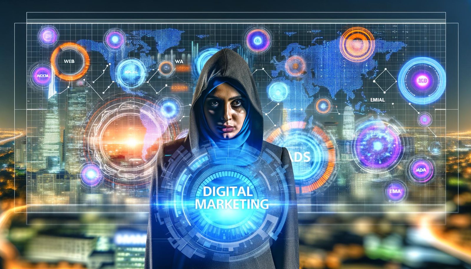Person blickt entschlossen auf ein leuchtendes Marketing-Dashboard mit Diagrammen, KPIs und vernetzten Datenpunkten, im Hintergrund urbane Skyline und digitale Matrix.