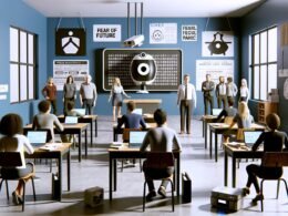 Modernes Klassenzimmer mit digitaler ChatGPT-Tafel, angespannten Lehrern, neugierigen und gelangweilten Schülern, panischen Eltern am Fenster sowie ungenutztem Overheadprojektor und Prüfungsblättern.