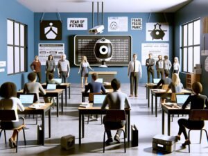 Modernes Klassenzimmer mit digitaler ChatGPT-Tafel, angespannten Lehrern, neugierigen und gelangweilten Schülern, panischen Eltern am Fenster sowie ungenutztem Overheadprojektor und Prüfungsblättern.