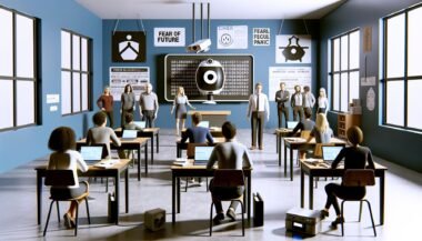 Modernes Klassenzimmer mit digitaler ChatGPT-Tafel, angespannten Lehrern, neugierigen und gelangweilten Schülern, panischen Eltern am Fenster sowie ungenutztem Overheadprojektor und Prüfungsblättern.