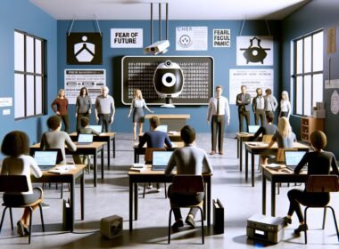 Modernes Klassenzimmer mit digitaler ChatGPT-Tafel, angespannten Lehrern, neugierigen und gelangweilten Schülern, panischen Eltern am Fenster sowie ungenutztem Overheadprojektor und Prüfungsblättern.