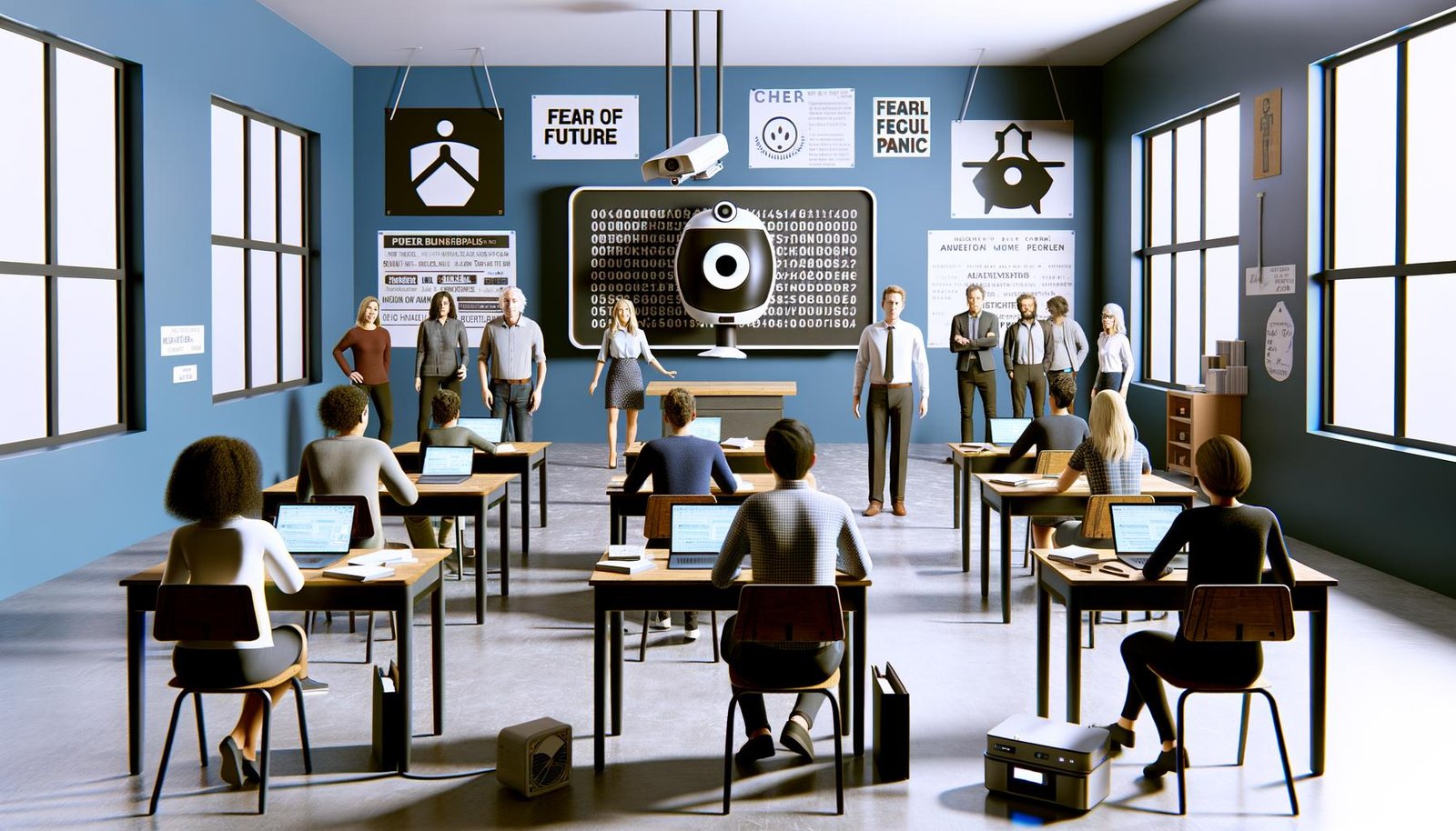 Modernes Klassenzimmer mit digitaler ChatGPT-Tafel, angespannten Lehrern, neugierigen und gelangweilten Schülern, panischen Eltern am Fenster sowie ungenutztem Overheadprojektor und Prüfungsblättern.