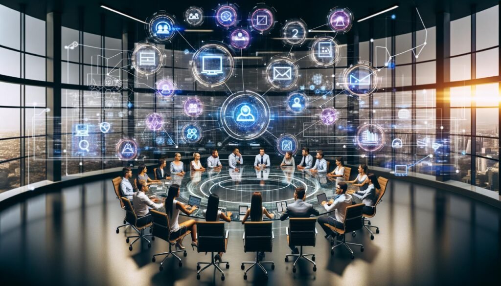 Team aus Männern und Frauen koordiniert sich um einen runden Glastisch mit schwebenden digitalen Dashboards für Webanalytics, CRM, SEA, Social Media und Offline-Daten in einer futuristischen Zentrale.