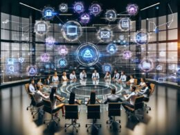 Team aus Männern und Frauen koordiniert sich um einen runden Glastisch mit schwebenden digitalen Dashboards für Webanalytics, CRM, SEA, Social Media und Offline-Daten in einer futuristischen Zentrale.