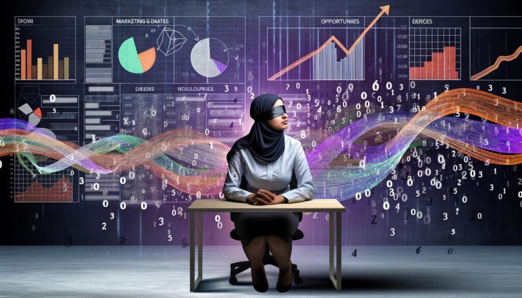 Geblendete Geschäftsperson am Schreibtisch zwischen bunten Datenströmen, Dashboards und chaotischen Grafiken, verpasste Möglichkeiten entgleiten wie Sand