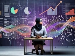 Geblendete Geschäftsperson am Schreibtisch zwischen bunten Datenströmen, Dashboards und chaotischen Grafiken, verpasste Möglichkeiten entgleiten wie Sand