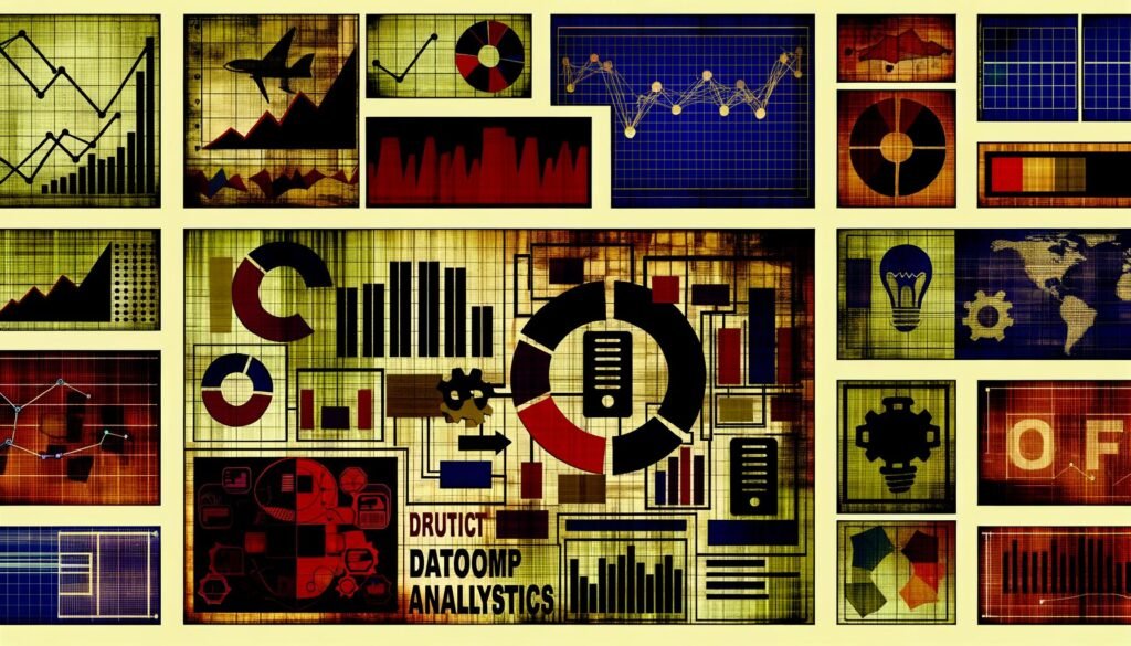 Collage aus KPI-Grafiken, Analyse-Dashboards, Web-Performance-Charts, Server-Symbolen und User Journey-Flows auf Website-Wireframes, die die Realität datengetriebener Analysen veranschaulicht.