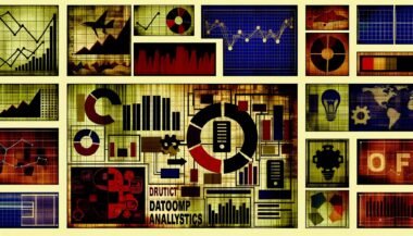 Collage aus KPI-Grafiken, Analyse-Dashboards, Web-Performance-Charts, Server-Symbolen und User Journey-Flows auf Website-Wireframes, die die Realität datengetriebener Analysen veranschaulicht.