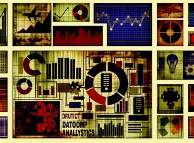 Collage aus KPI-Grafiken, Analyse-Dashboards, Web-Performance-Charts, Server-Symbolen und User Journey-Flows auf Website-Wireframes, die die Realität datengetriebener Analysen veranschaulicht.