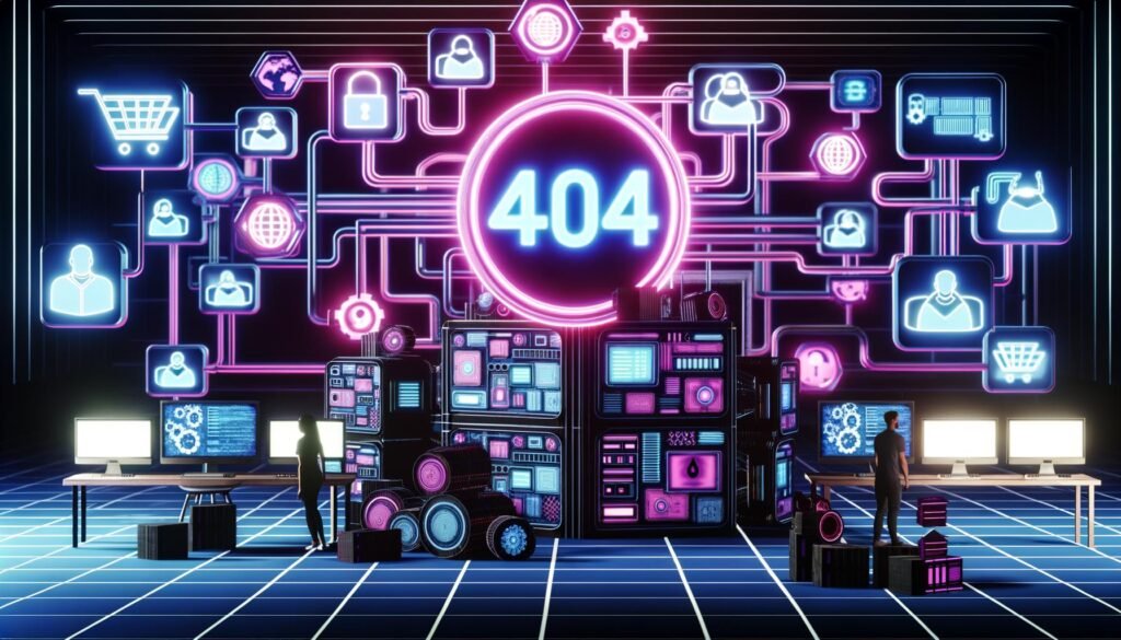 Futuristische Illustration des Maschinenraums der Creator Economy mit Backend-Konsole, 404-Plakette, diversen Creator-Avataren und digitalen Vernetzungen.