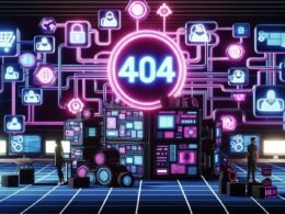 Futuristische Illustration des Maschinenraums der Creator Economy mit Backend-Konsole, 404-Plakette, diversen Creator-Avataren und digitalen Vernetzungen.