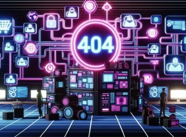 Futuristische Illustration des Maschinenraums der Creator Economy mit Backend-Konsole, 404-Plakette, diversen Creator-Avataren und digitalen Vernetzungen.