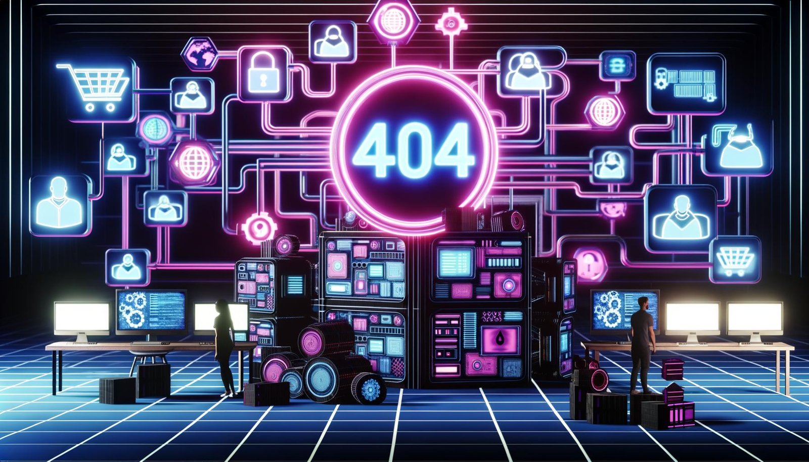 Futuristische Illustration des Maschinenraums der Creator Economy mit Backend-Konsole, 404-Plakette, diversen Creator-Avataren und digitalen Vernetzungen.