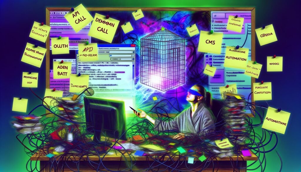 Überforderter Content Creator an einem überfüllten Schreibtisch, eingerahmt von Webflow-Fenstern, Kabeln und Notizzetteln, mit einem webflowförmigen Käfig-Schatten im Hintergrund.