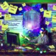 Überforderter Content Creator an einem überfüllten Schreibtisch, eingerahmt von Webflow-Fenstern, Kabeln und Notizzetteln, mit einem webflowförmigen Käfig-Schatten im Hintergrund.