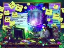Überforderter Content Creator an einem überfüllten Schreibtisch, eingerahmt von Webflow-Fenstern, Kabeln und Notizzetteln, mit einem webflowförmigen Käfig-Schatten im Hintergrund.